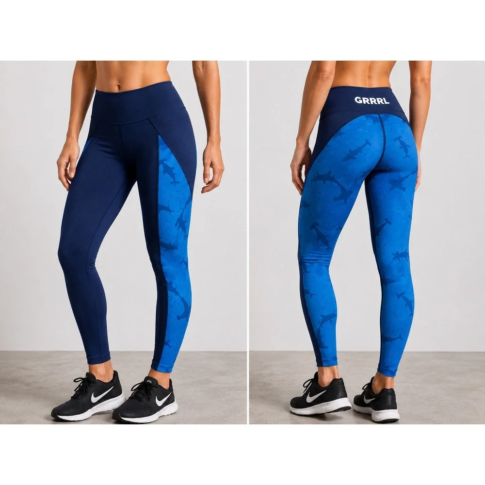 GRRRL Clothing Shark Print Leggings Navy Blue High Waisted Gym Tights Womens‎ S